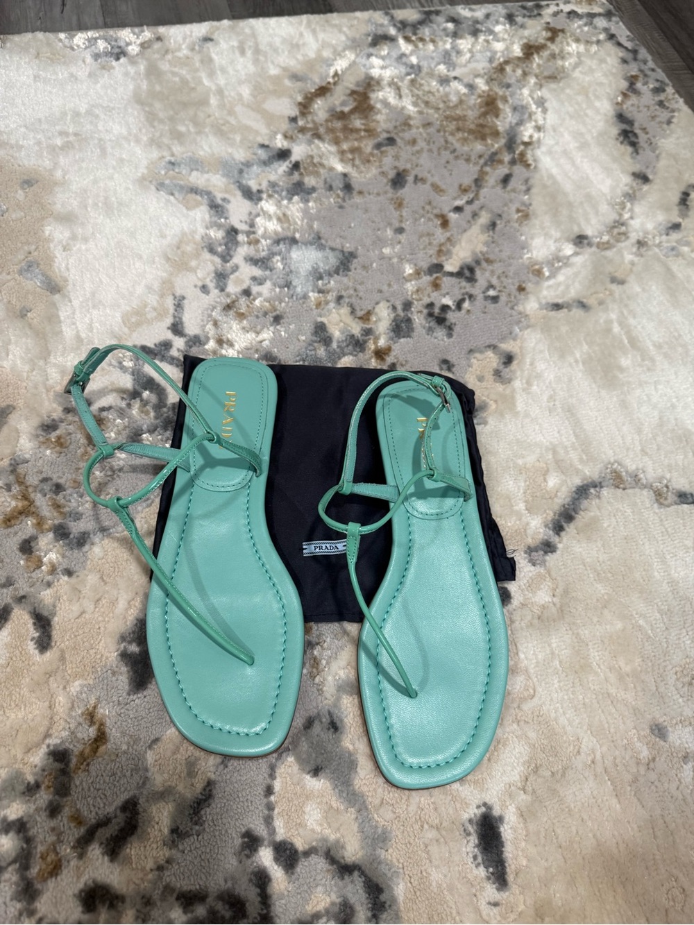 PRADA Mint Green Leather T-Strap Sandals - Picture 3 of 5